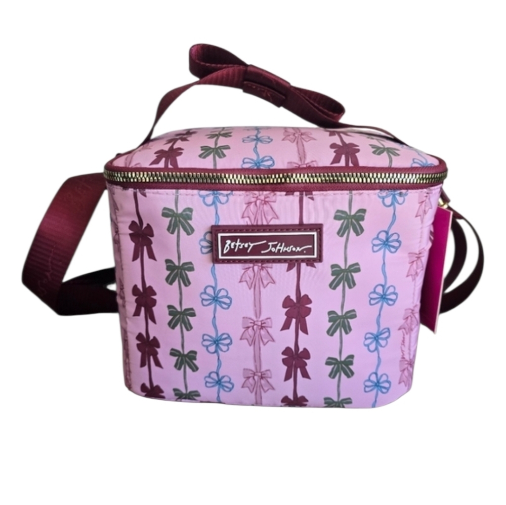Betsey Johnson Pink Blue Bow Zip Around Insulated Lunch Tote Bag Crossbody